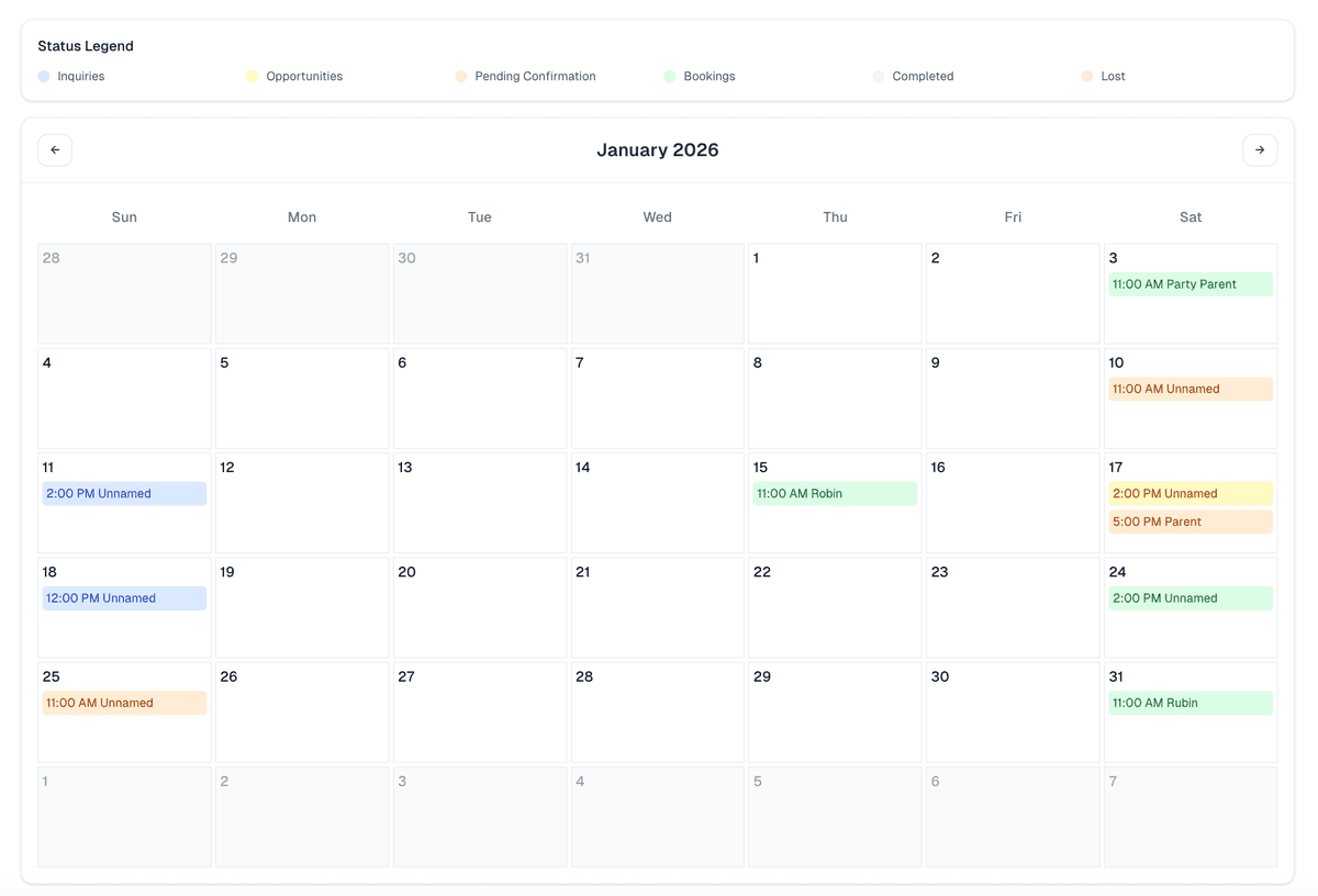 Calendar view with booking status legend and color-coded events