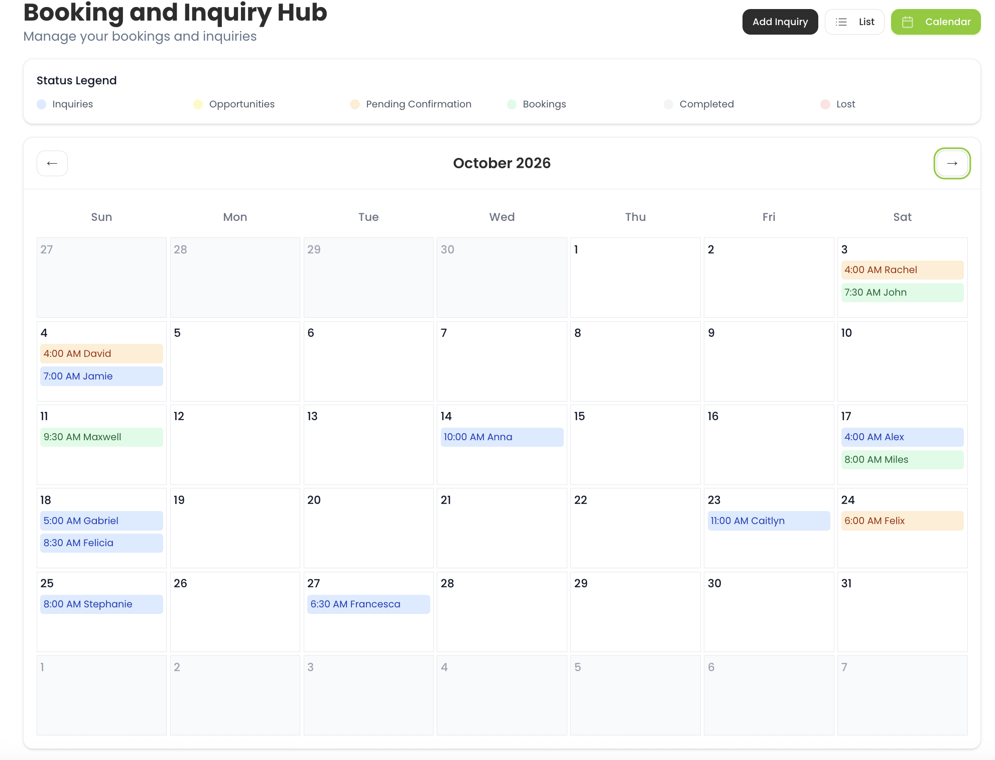 Booking & Inquiry Hub showing calendar view with color-coded party statuses