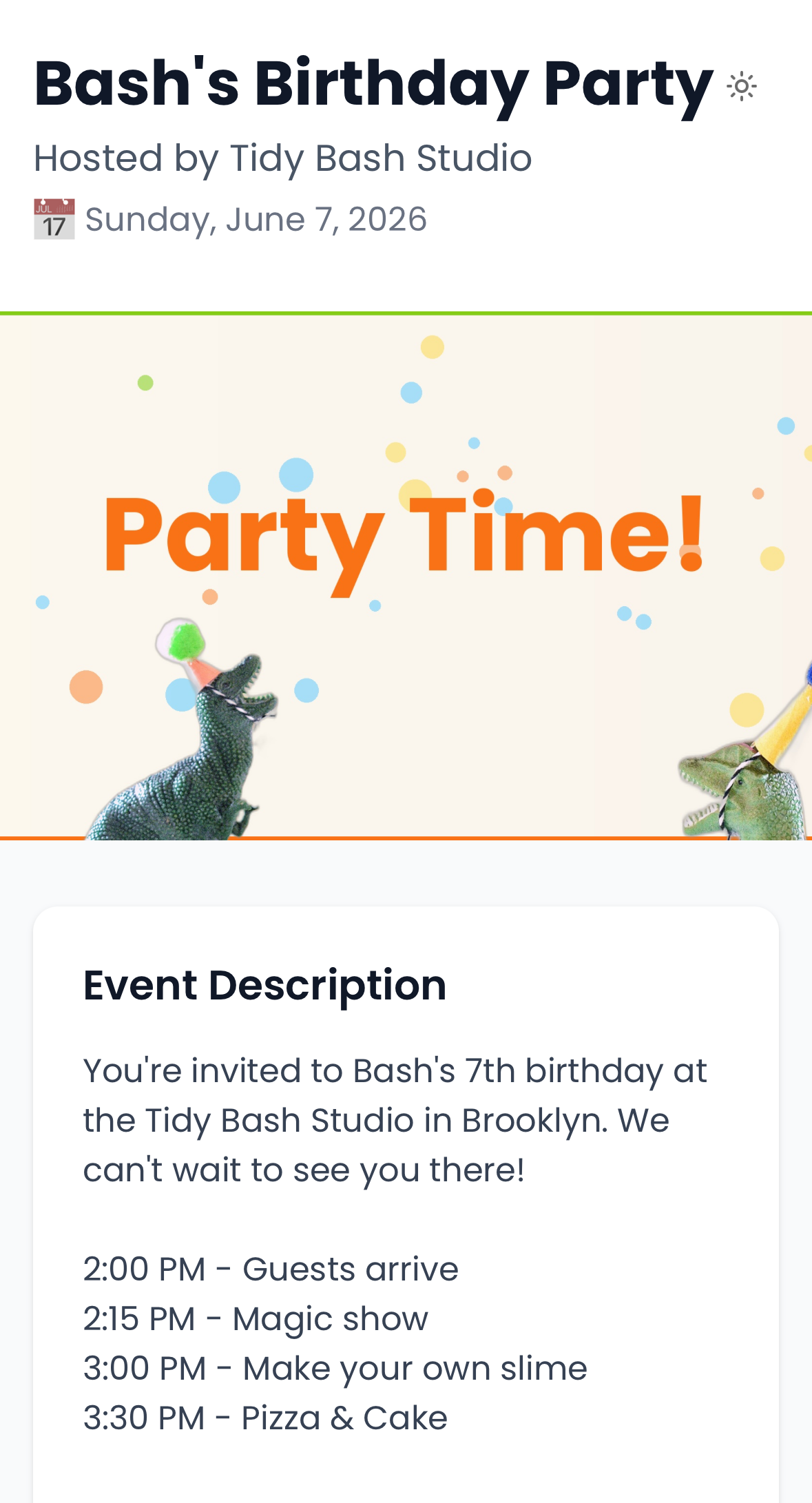 Parent-facing party page on mobile with event details and RSVP button