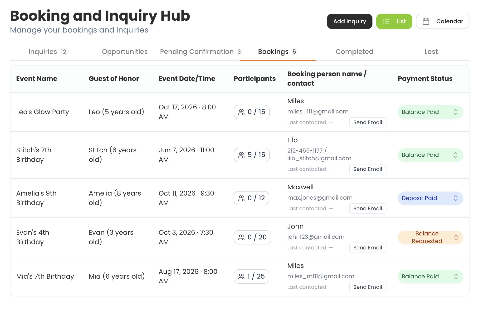 Booking & Inquiry Hub list view showing event names, dates, participants, and payment status