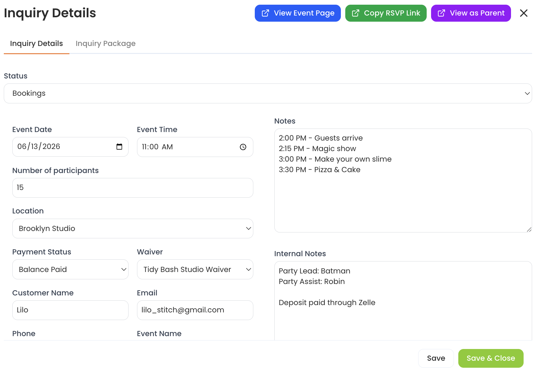 Inquiry Detail showing event summary, RSVP count, and waiver status