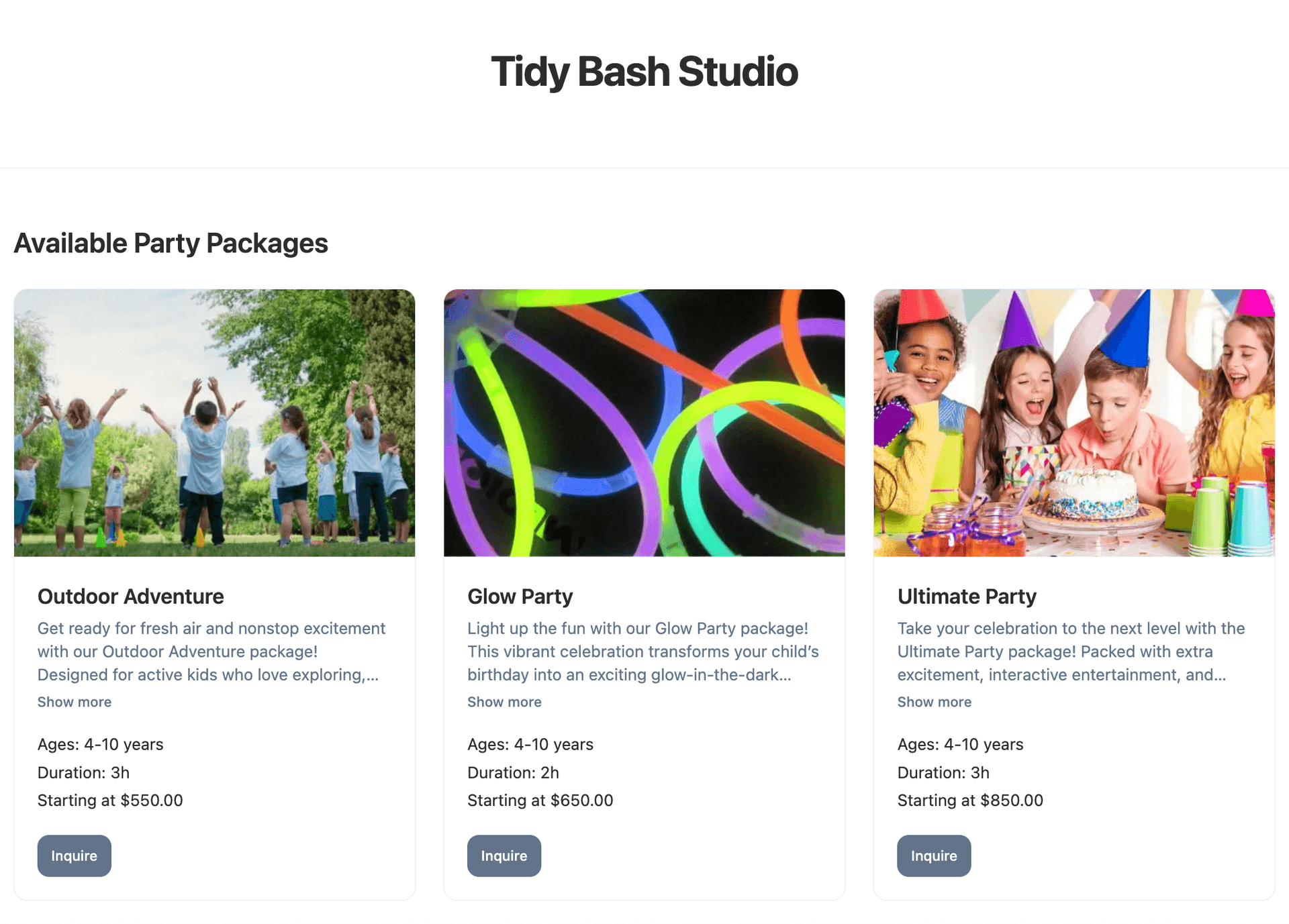 Parent-facing inquiry form showing packages and booking options