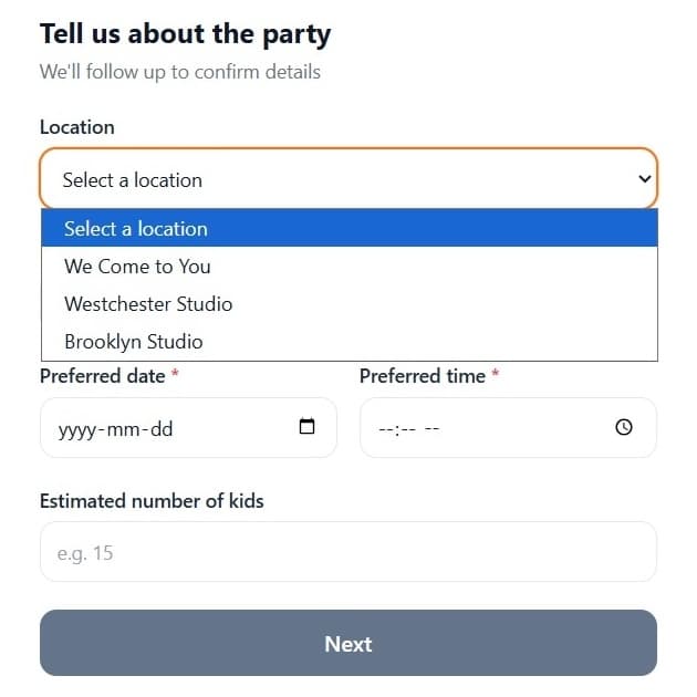 Inquiry form with location dropdown showing multiple venue options