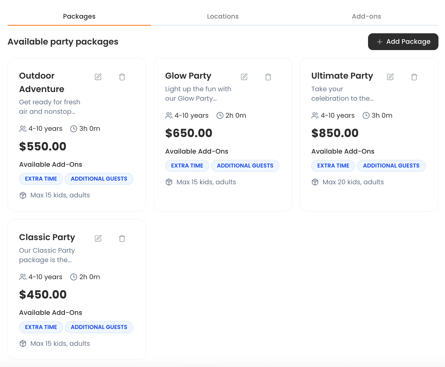 Party Admin Offerings tab showing package cards with images, pricing, and details