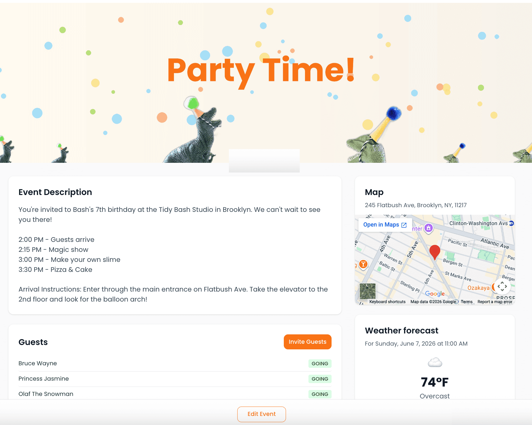 Parent-facing party page with event details, RSVP button, and map